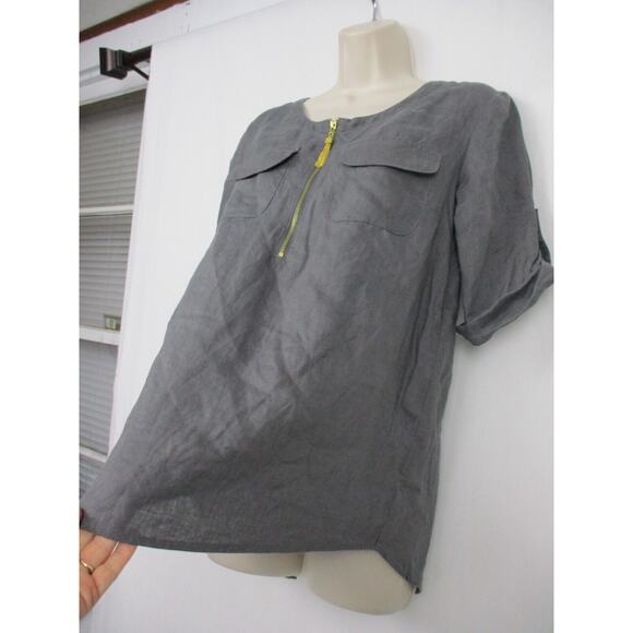 Ellen Tracy Linen Tunic Top Women Small Roll Tab Gold Zipper Tassel Trim Popover - Picture 4 of 16